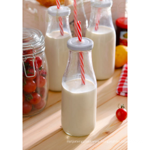 Haonai 400ml round shape glass milk bottle with metal lid & straw